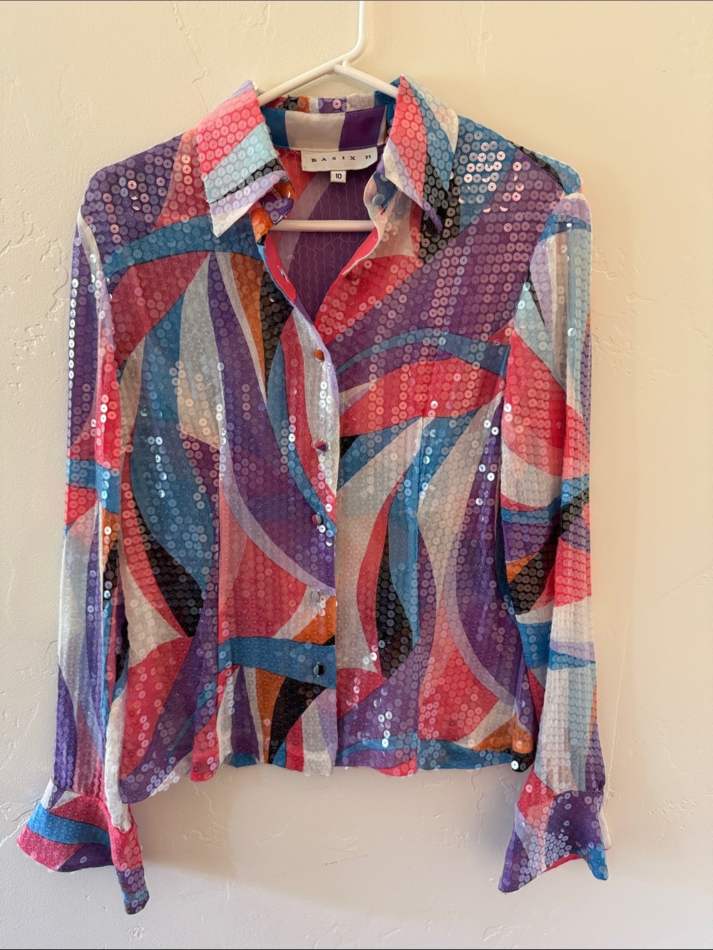 Bhanuni Multicolor Sequin Geometric Button-Up Blouse